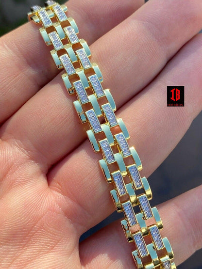 YELLOW GOLD Real Solid 925 Sterling Silver Iced Hip Hop Mens Presidential Link Bracelet 12mm