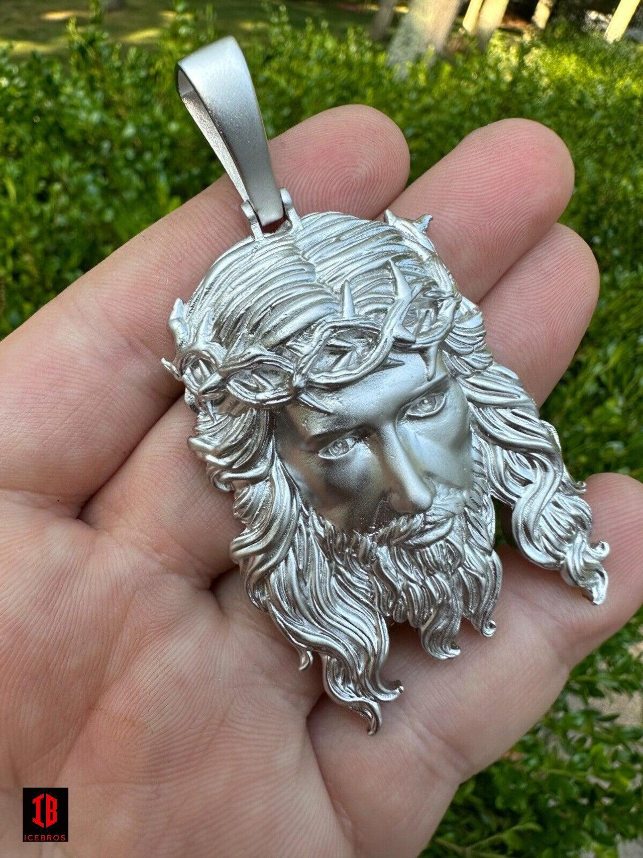 Copy of Matte Fine  10K 14K Gold over 925 ITALY Silver Jesus Piece Iced Pendant Chain - 3 Sizes