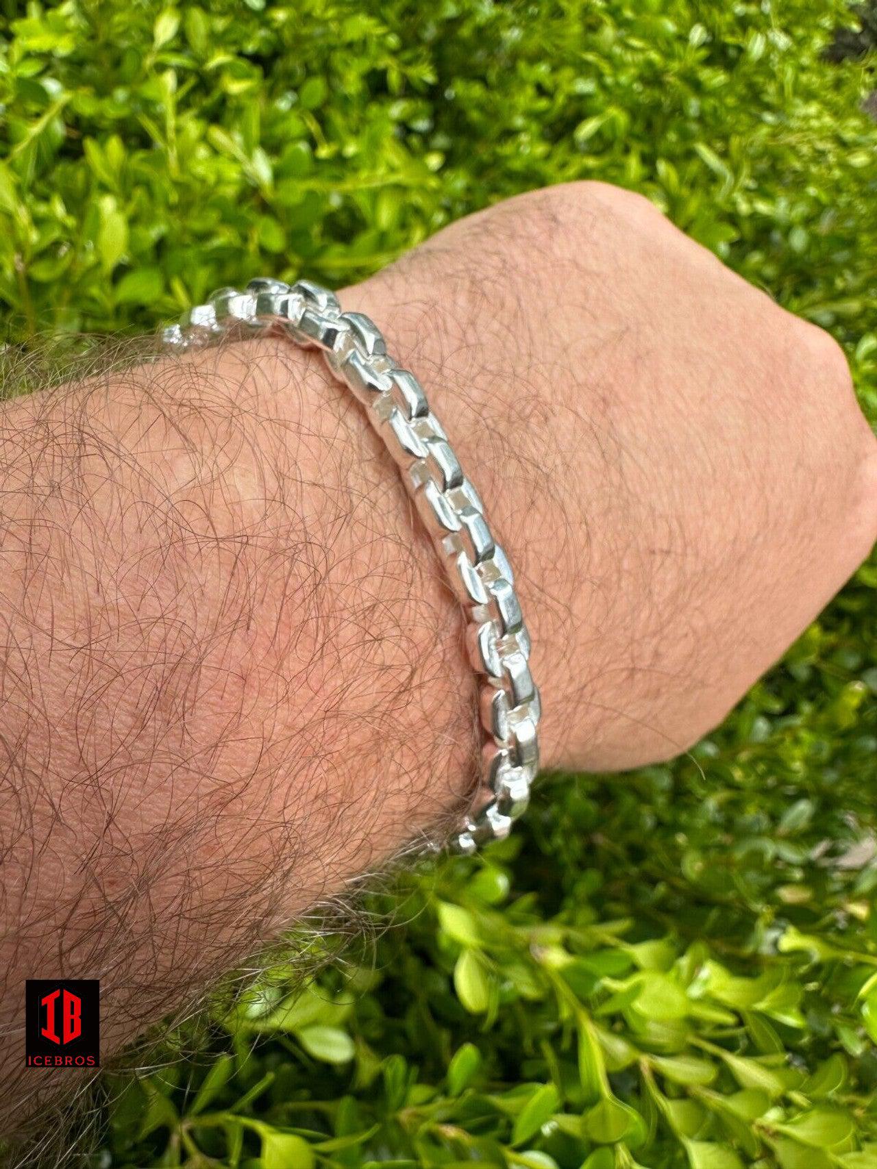 925 Sterling Silver 6mm Men's Puffed Vermeil Rolo Link Bracelet Pulsera