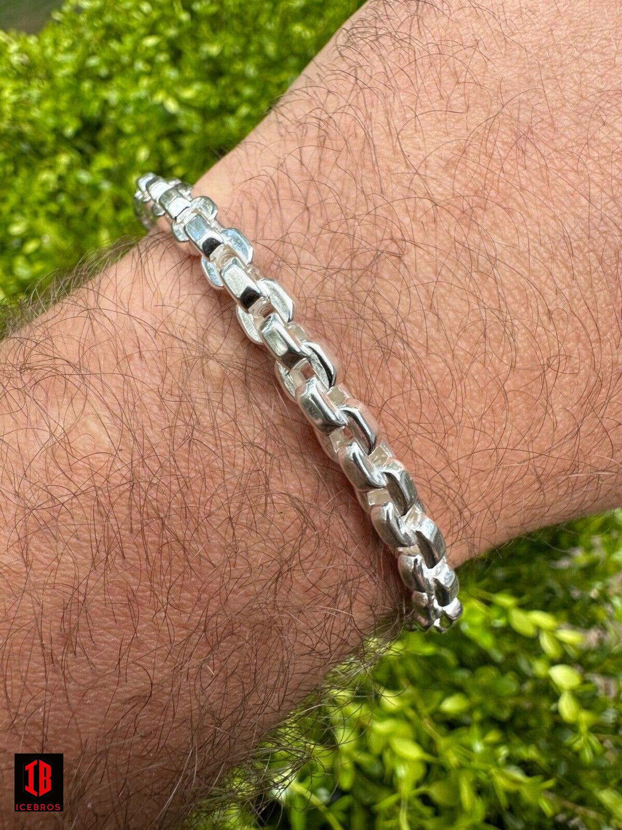 925 Sterling Silver 6mm Men's Puffed Vermeil Rolo Link Bracelet Pulsera