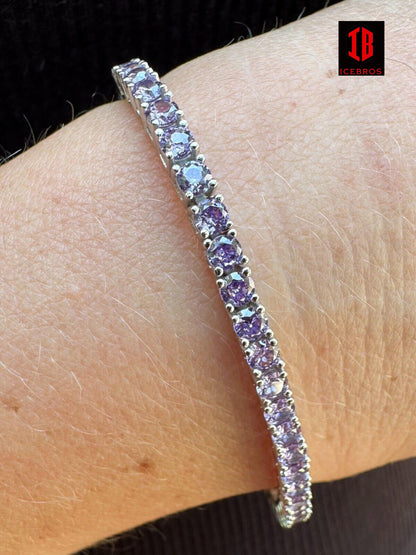 3mm Purple Whtie CZ Tennis Bracelet Real Iced 925 Sterling Silver Mens Ladies 6-8.5inch