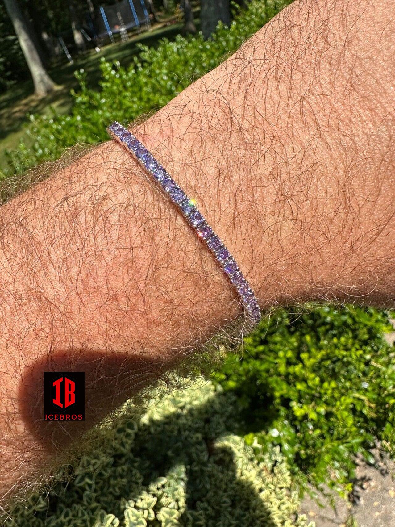 3mm Purple Whtie CZ Tennis Bracelet Real Iced 925 Sterling Silver Mens Ladies 6-8.5inch