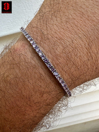 3mm Purple Whtie CZ Tennis Bracelet Real Iced 925 Sterling Silver Mens Ladies 6-8.5inch