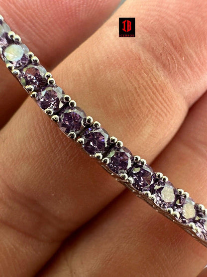 3mm Purple Whtie CZ Tennis Bracelet Real Iced 925 Sterling Silver Mens Ladies 6-8.5inch