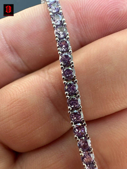 3mm Purple Whtie CZ Tennis Bracelet Real Iced 925 Sterling Silver Mens Ladies 6-8.5inch