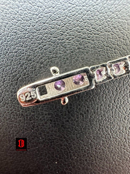 3mm Purple Whtie CZ Tennis Bracelet Real Iced 925 Sterling Silver Mens Ladies 6-8.5inch