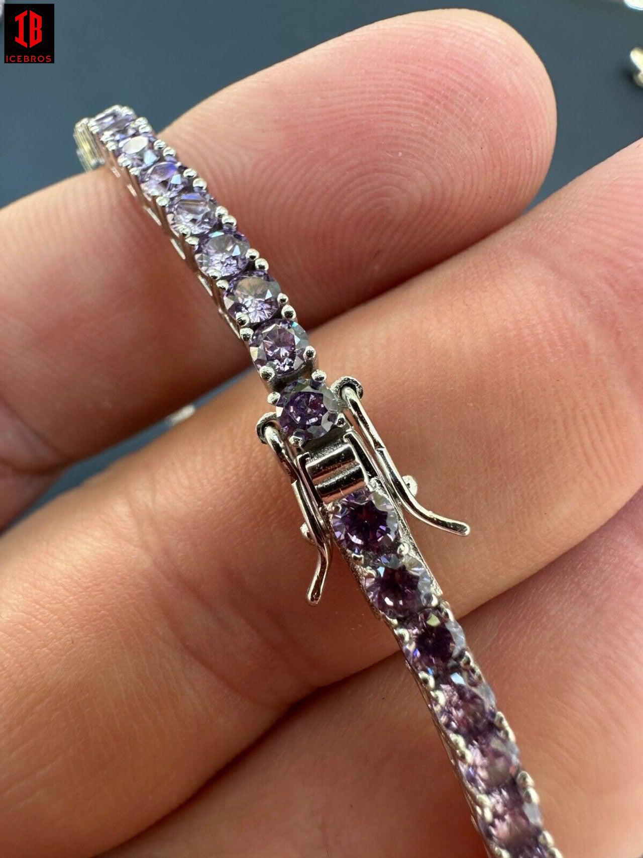 3mm Purple Whtie CZ Tennis Bracelet Real Iced 925 Sterling Silver Mens Ladies 6-8.5inch