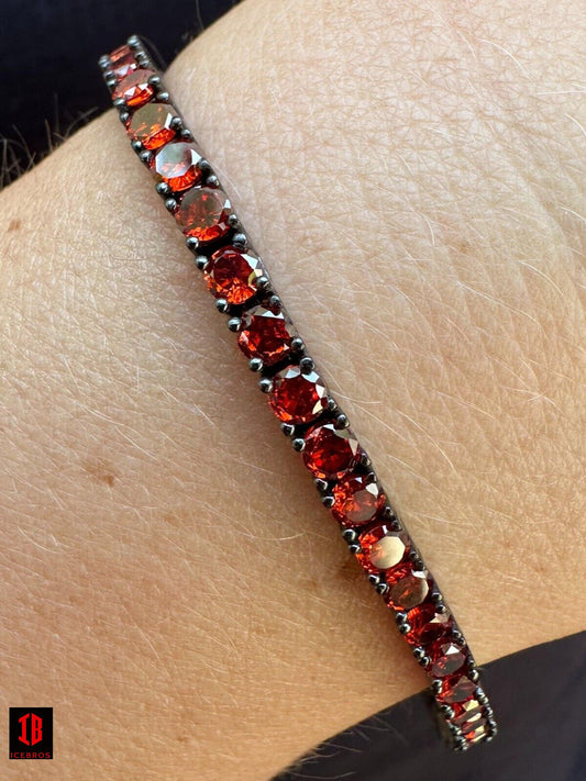 3mm Black & Red CZ Tennis Bracelet Real Iced 925 Sterling Silver Unisex