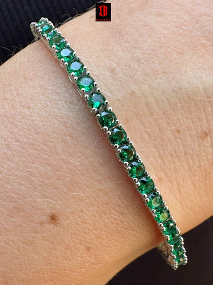 3mm Green Emerald CZ Tennis Bracelet Iced 925 Sterling Silver Vermeil