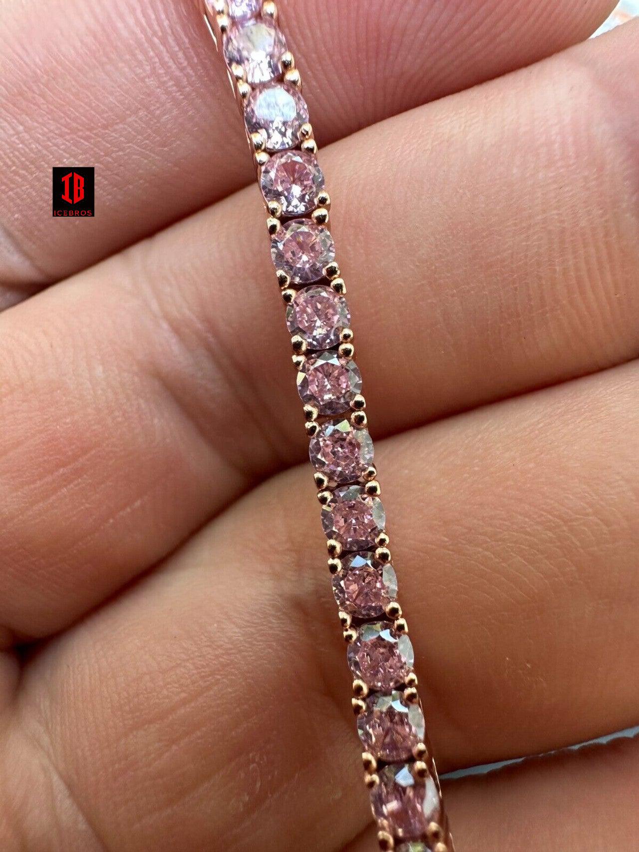 3mm Pink Stone CZ Tennis Bracelet Vermeil 925 Sterling Silver 14k Rose Gold Plated