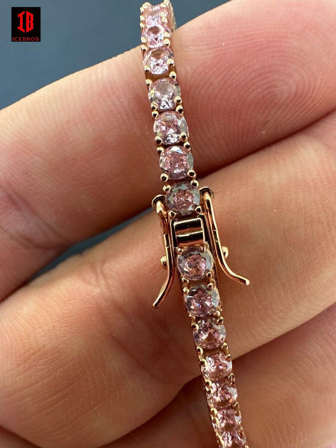 3mm Pink Stone CZ Tennis Bracelet Vermeil 925 Sterling Silver 14k Rose Gold Plated