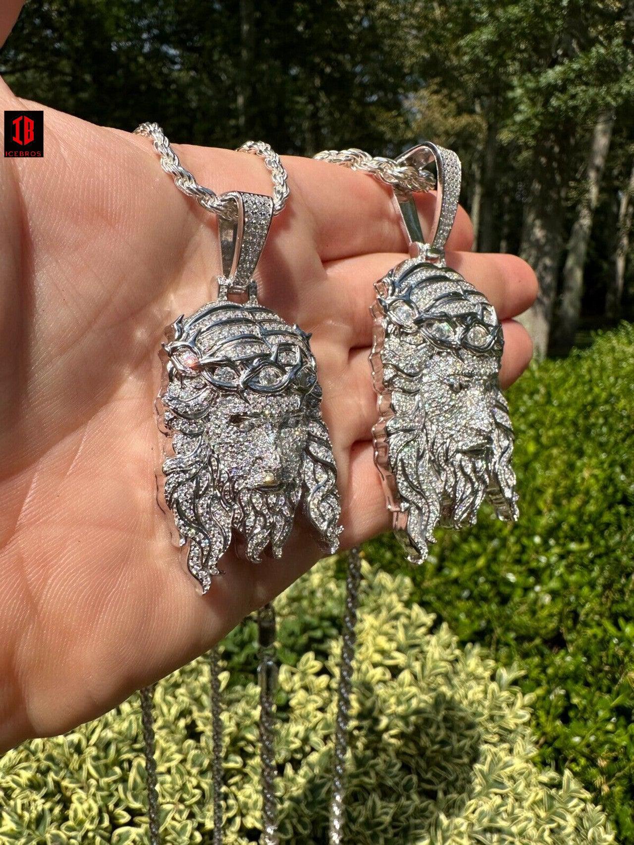 MOISSANITES Solid Weight White Gold Over 925 Silver Bust Down 3D Detailed Jesus Piece Pendant Necklace