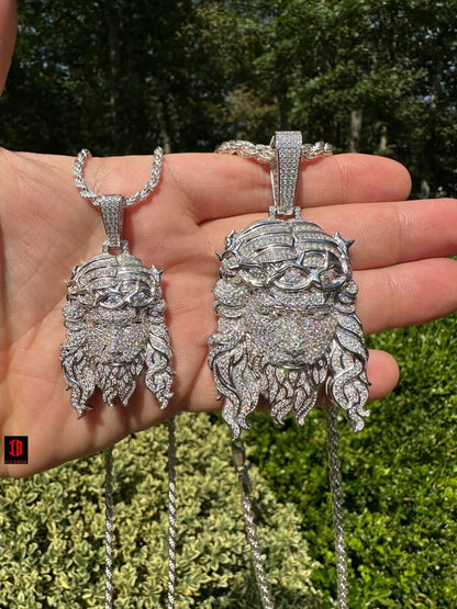 MOISSANITES Solid Weight White Gold Over 925 Silver Bust Down 3D Detailed Jesus Piece Pendant Necklace