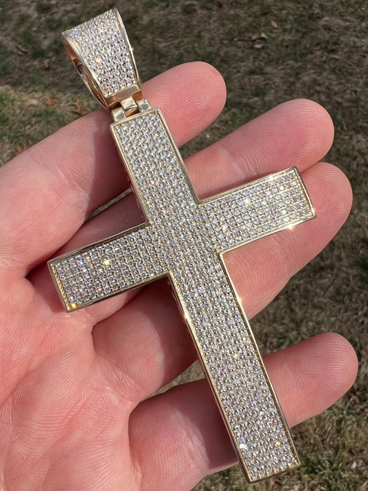 YELLOW GOLD Iced 7ct Real CVD Diamond Huge Solid 925 Silver Gold Plated Cross Pendant Necklace