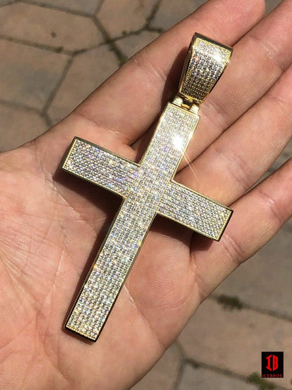 YELLOW GOLD Iced 7ct Real CVD Diamond Huge Solid 925 Silver Gold Plated Cross Pendant Necklace