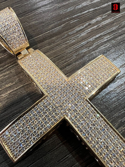 YELLOW GOLD Iced 7ct Real CVD Diamond Huge Solid 925 Silver Gold Plated Cross Pendant Necklace