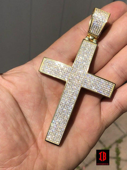 WHITE GOLD Iced 7ct Real CVD Diamond Huge Solid 925 Silver Gold Plated Cross Pendant Necklace