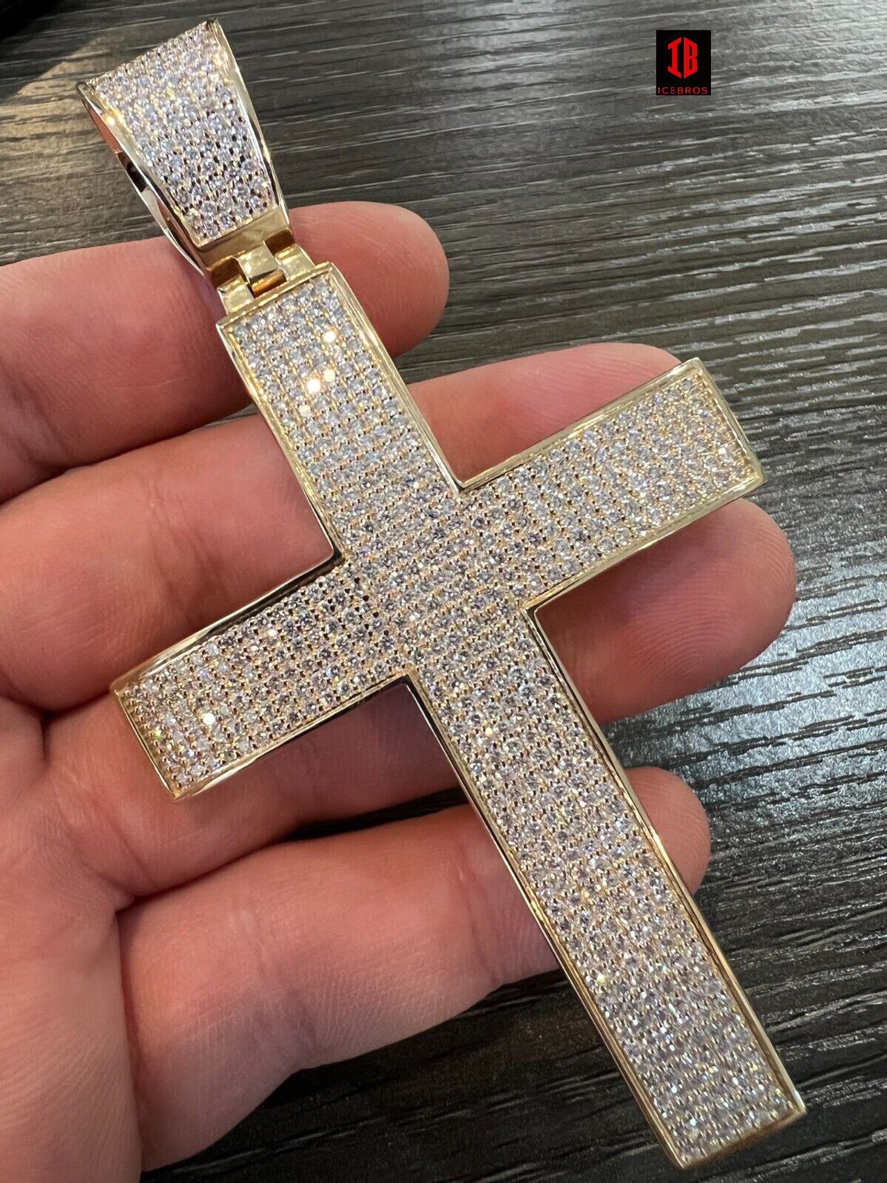 YELLOW GOLD Iced 7ct Real CVD Diamond Huge Solid 925 Silver Gold Plated Cross Pendant Necklace