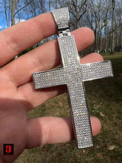 WHITE GOLD Iced 7ct Real CVD Diamond Huge Solid 925 Silver Gold Plated Cross Pendant Necklace