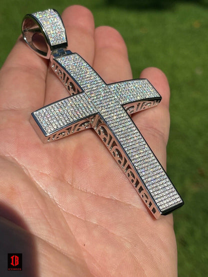 WHITE GOLD Iced 7ct Real CVD Diamond Huge Solid 925 Silver Gold Plated Cross Pendant Necklace