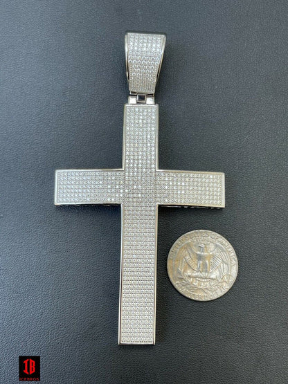 WHITE GOLD Iced 7ct Real CVD Diamond Huge Solid 925 Silver Gold Plated Cross Pendant Necklace