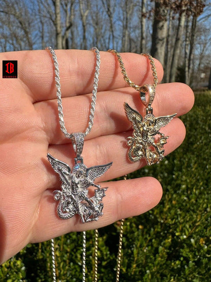 CVD LAB FLAWLESS Diamond Saint Michael Archangel Pendant Solid 925 Silver Necklace Pendant