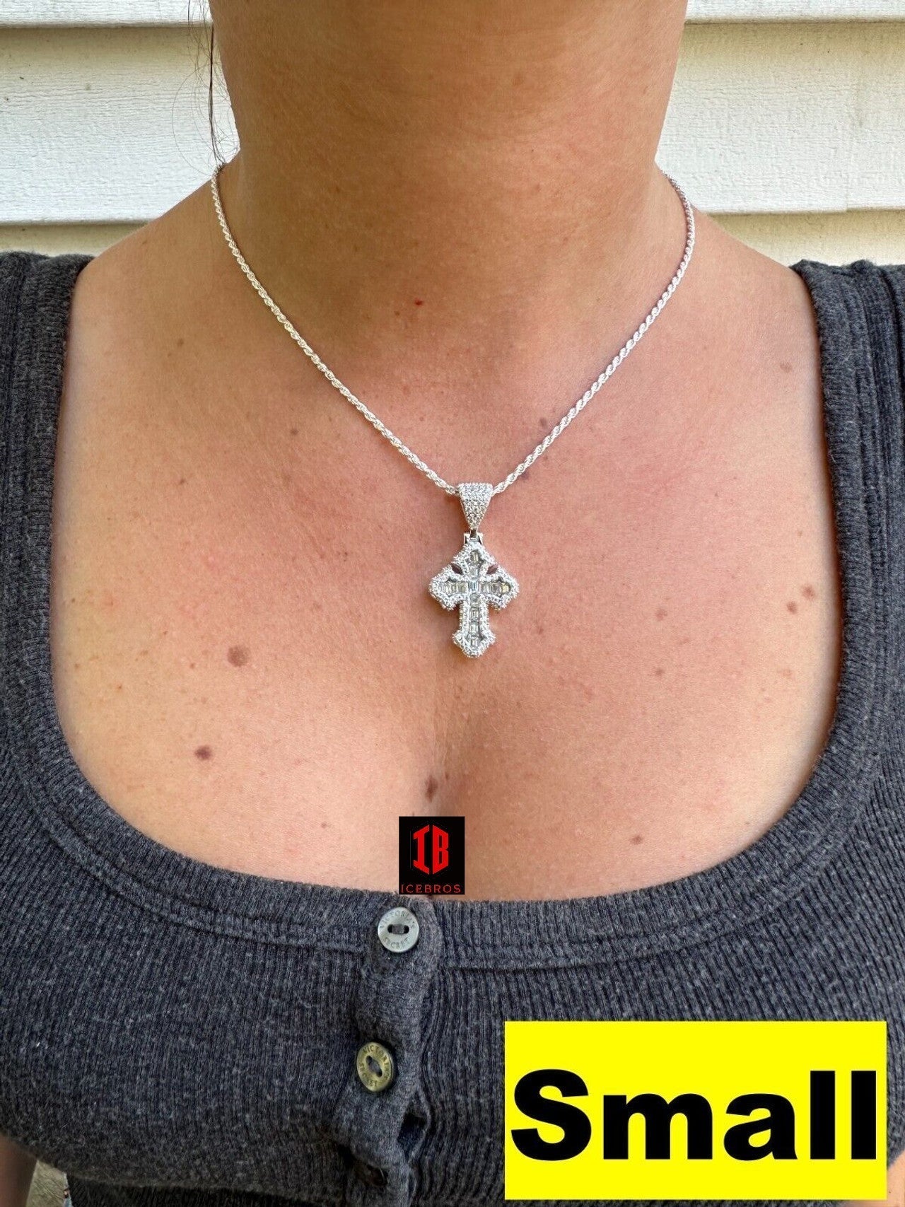 YELLOW GOLD MOISSANITE Gothic Cross Pendant Iced Baguette Necklace Real 925 Silver - 3 Sizes