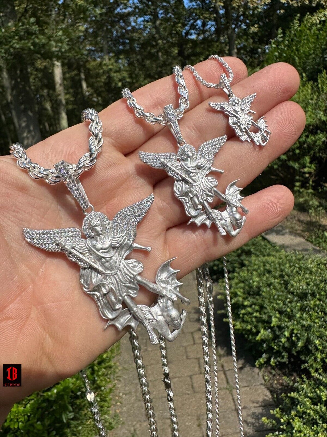 Real MOISSANITE Saint St Michael Slaying Dragon Pendant 925 Silver Necklace Iced