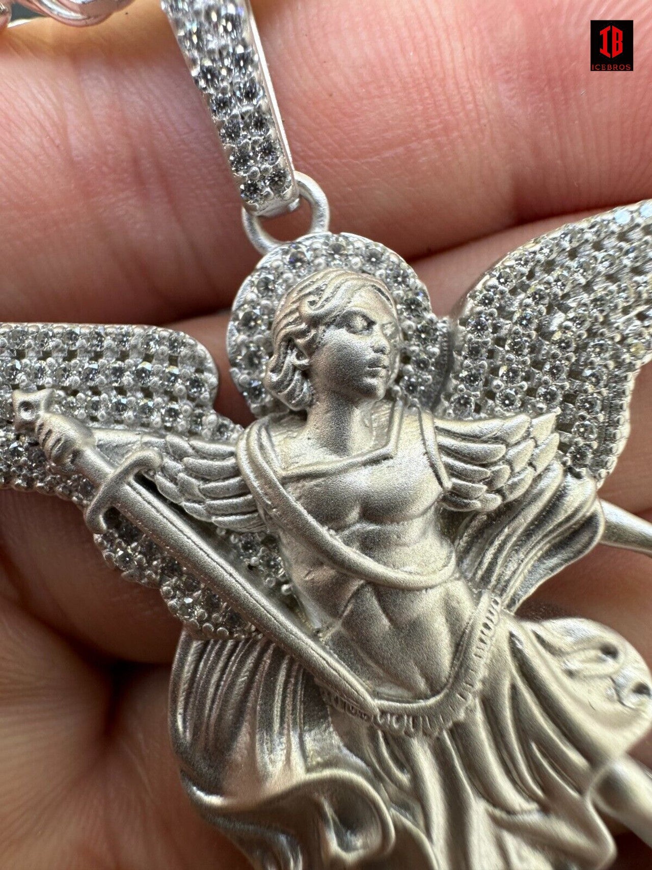 Real MOISSANITE Saint St Michael Slaying Dragon Pendant 925 Silver Necklace Iced