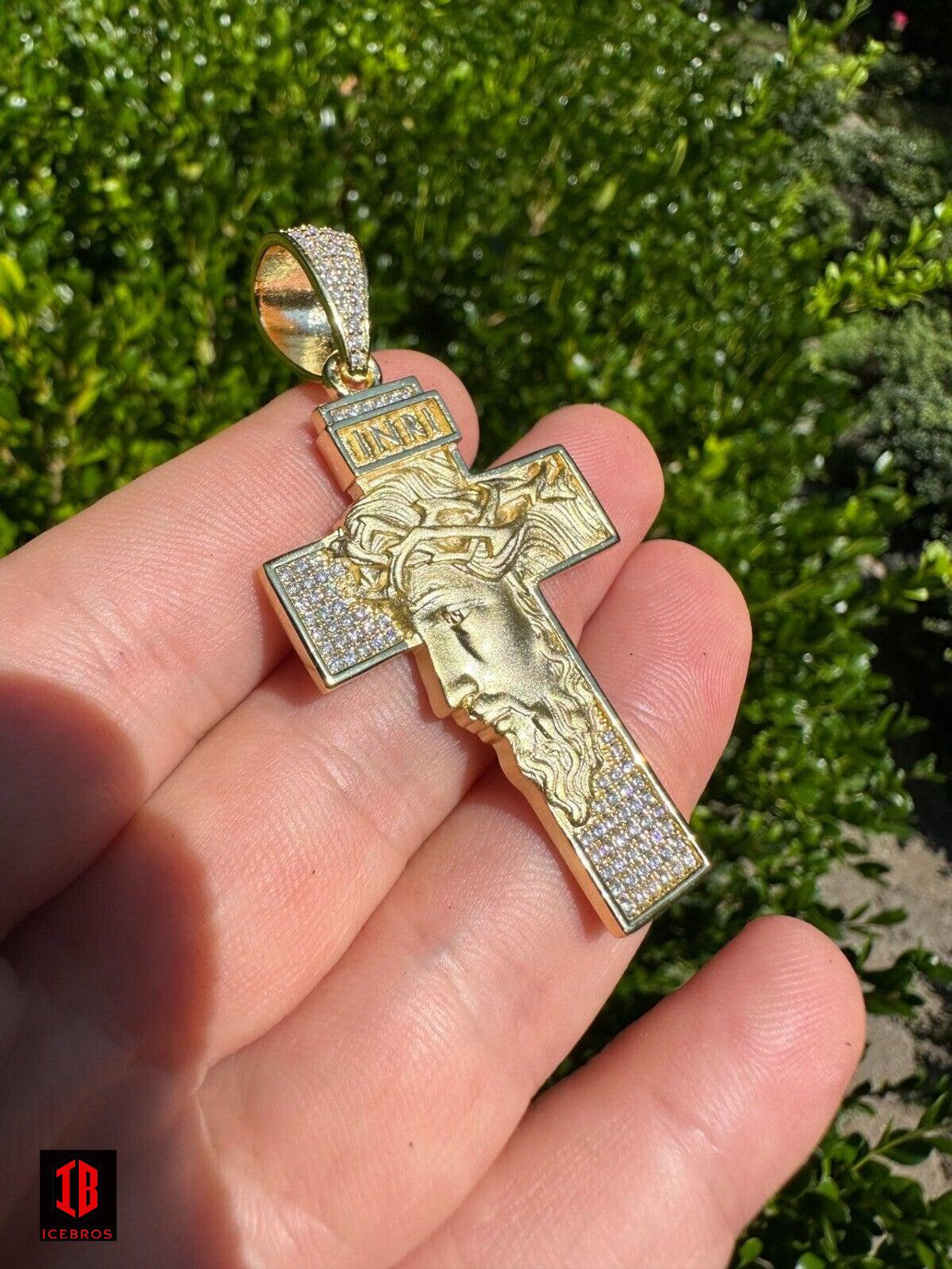 MOISSANITE Jesus Face On Cross Pendant Iced Necklace Real 925 Silver / 14k Gold