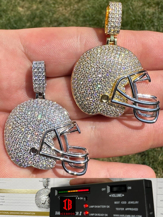 Real Moissanite Iced Football Helmet Pendant Solid 925 Silver / 14k Gold Plated