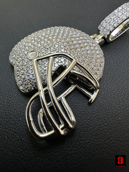 Real Moissanite Iced Football Helmet Pendant Solid 925 Silver / 14k Gold Plated