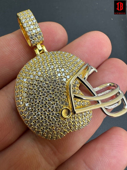 Real Moissanite Iced Football Helmet Pendant Solid 925 Silver / 14k Gold Plated