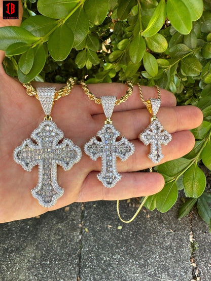 YELLOW GOLD MOISSANITE Gothic Cross Pendant Iced Baguette Necklace Real 925 Silver - 3 Sizes