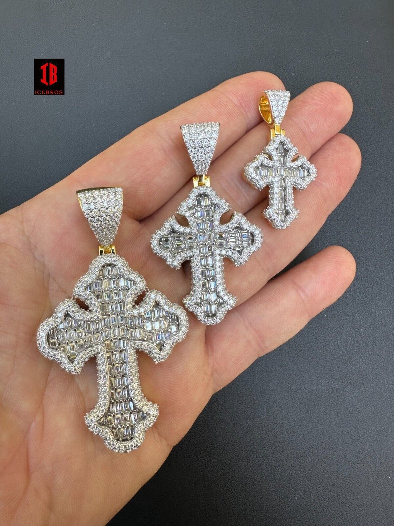 YELLOW GOLD MOISSANITE Gothic Cross Pendant Iced Baguette Necklace Real 925 Silver - 3 Sizes