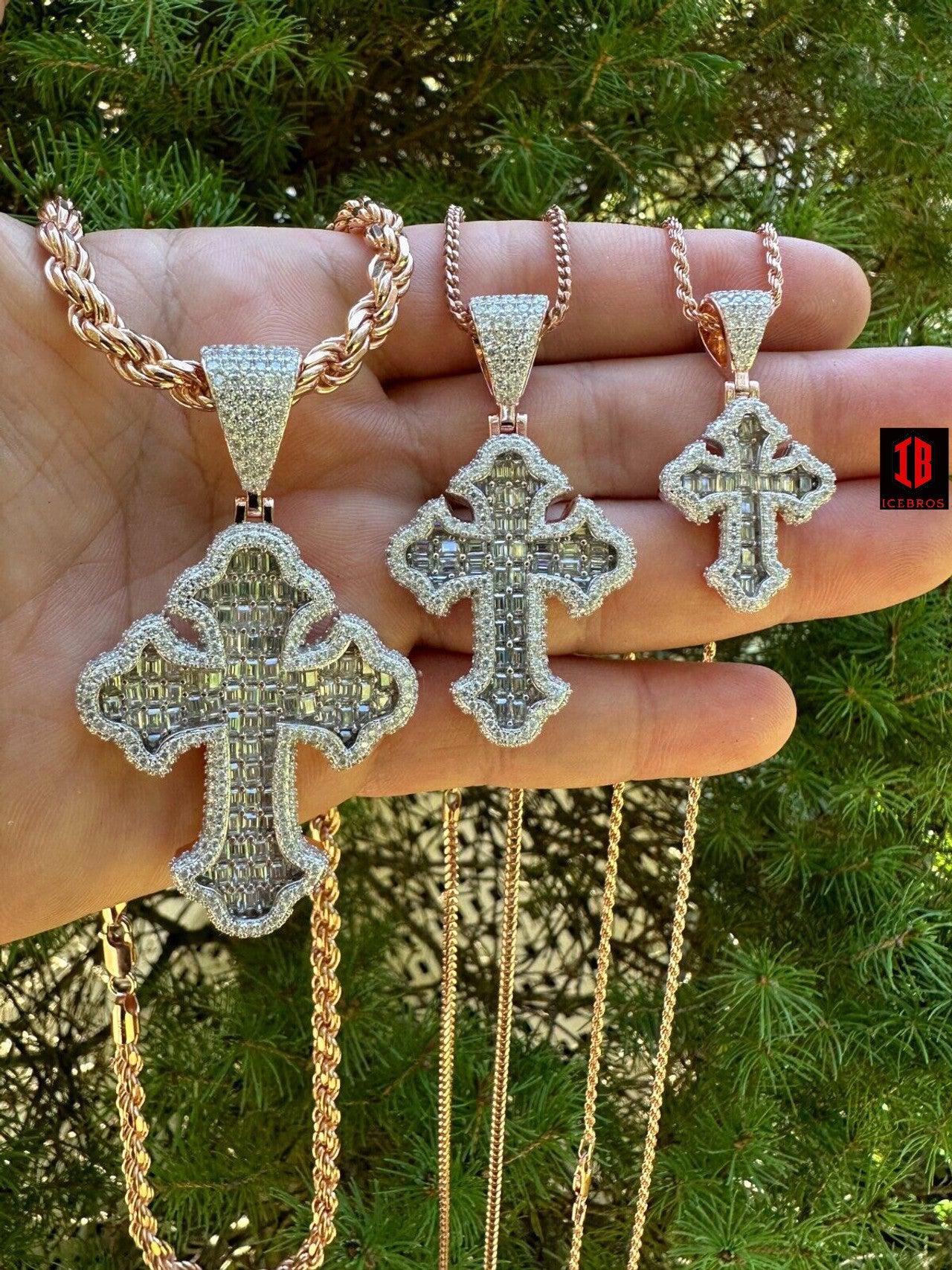 YELLOW GOLD MOISSANITE Gothic Cross Pendant Iced Baguette Necklace Real 925 Silver - 3 Sizes