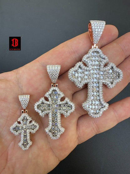 YELLOW GOLD MOISSANITE Gothic Cross Pendant Iced Baguette Necklace Real 925 Silver - 3 Sizes