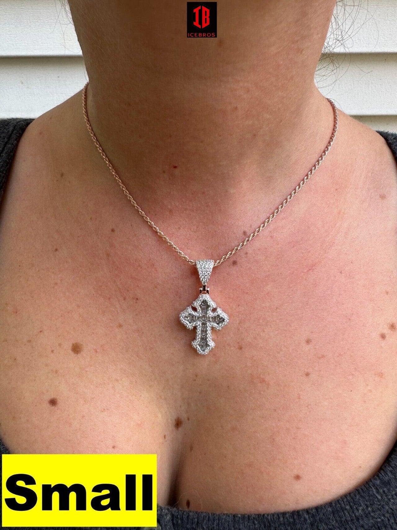 YELLOW GOLD MOISSANITE Gothic Cross Pendant Iced Baguette Necklace Real 925 Silver - 3 Sizes