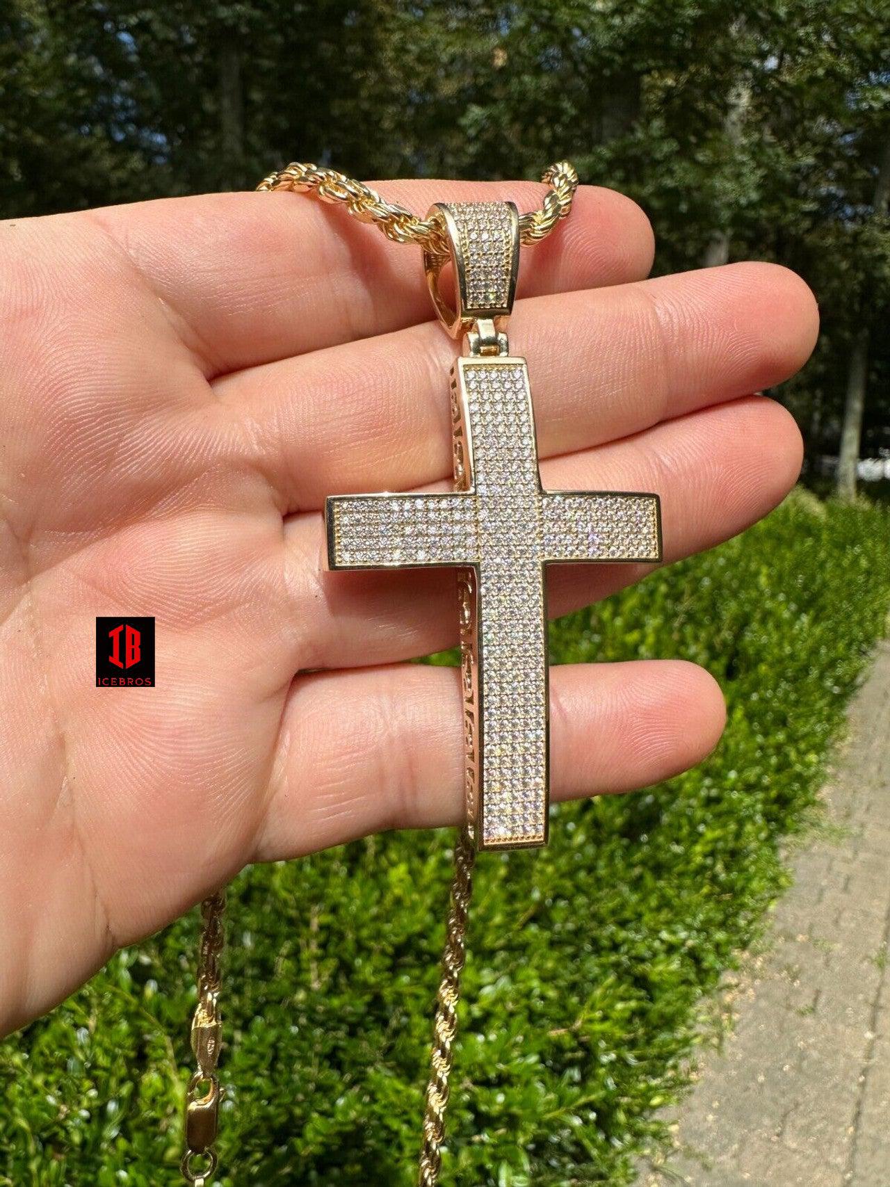 Solid 10k Yellow Gold 3ct VVS Moissanite Cross Pendant Necklace 19g Mens Large