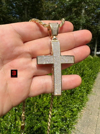 Solid 10k Yellow Gold 3ct VVS Moissanite Cross Pendant Necklace 19g Mens Large