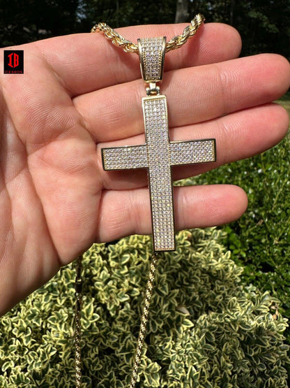 Solid 10k Yellow Gold 3ct VVS Moissanite Cross Pendant Necklace 19g Mens Large