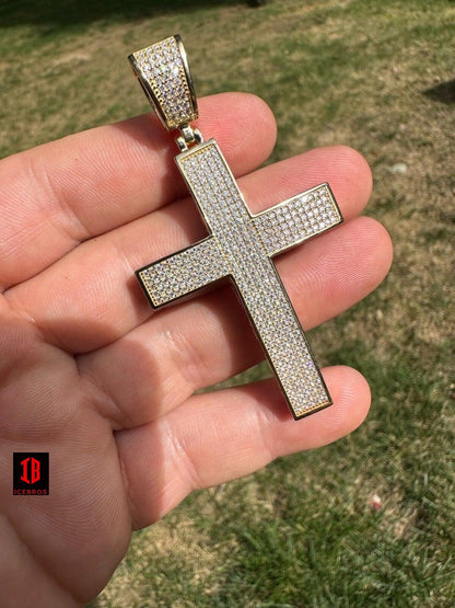 Solid 10k Yellow Gold 3ct VVS Moissanite Cross Pendant Necklace 19g Mens Large