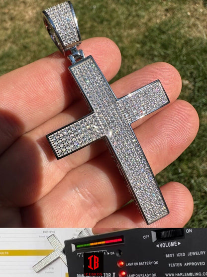 Solid 10k WHITE Gold 3ct VVS Moissanite Cross Pendant Necklace 19g Mens Large