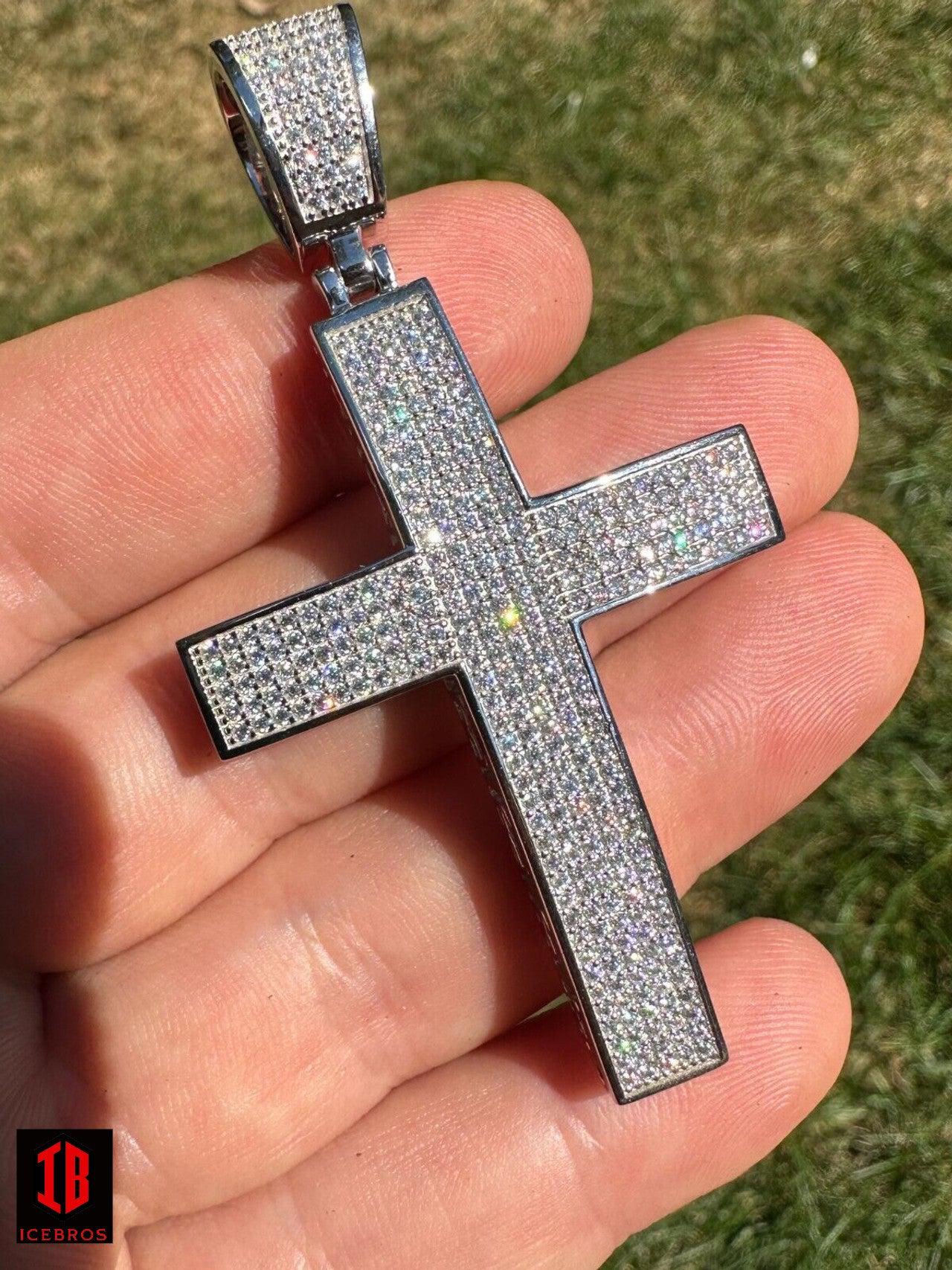 Solid 10k WHITE Gold 3ct VVS Moissanite Cross Pendant Necklace 19g Mens Large