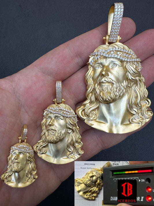 Solid 925 Silver 14k Gold Vermeil MOISSANITE Jesus Piece Iced Pendant Necklace