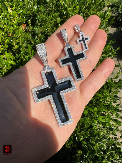 MOISSANITE Cross Pendant Iced Necklace Black Enamel Real 925 Silver 3 Sizes