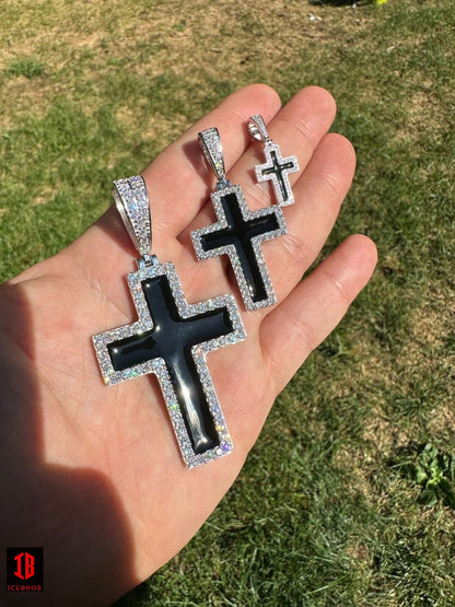 MOISSANITE Cross Pendant Iced Necklace Black Enamel Real 925 Silver 3 Sizes