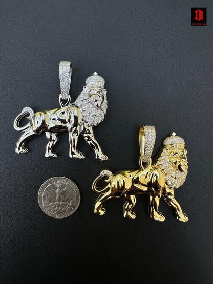 MOISSANITE Real 925 Silver Iced Lion Of Judah W. Crown Rasta Pendant Necklace