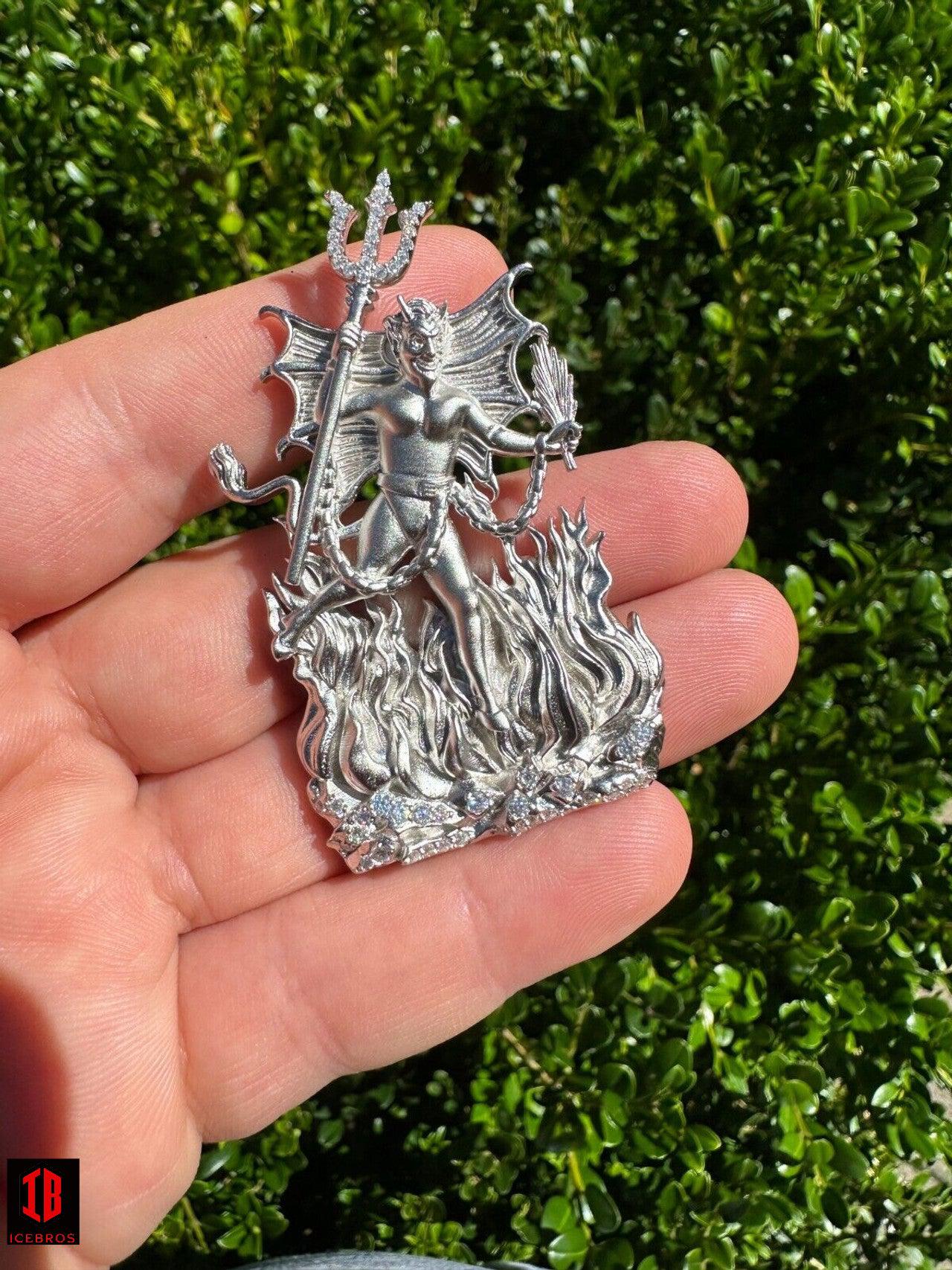 MOISSANITE Devil Satan Heavy Pendant - Iced Moissanite Demon Necklace Real 925 Silver