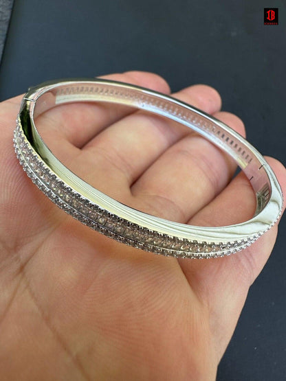 Real Solid 925 Silver Iced Baguette Cuff Bangle Ladies Bracelet Small 5-7" CZ